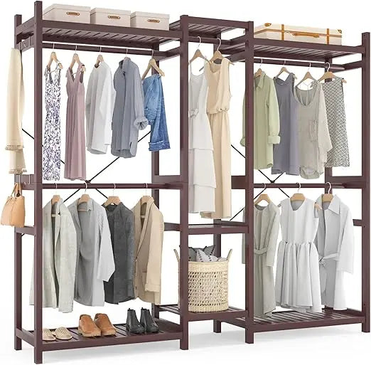 Bamboo Closet System Clothes Rack, Large Freestanding Garment Rack Clothing Rack for Hanging Clothes with 7 Storage Shelves and