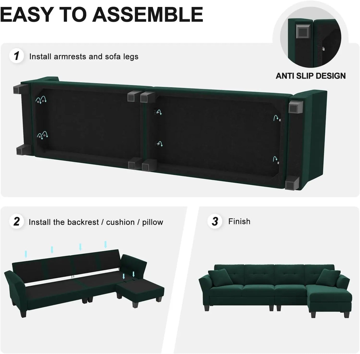 L Shaped Sofa 4 Seat Sofa with Chaise L-Shaped Couches Reversible Sectional Sofa (Dark Green, L Shaped Couch)