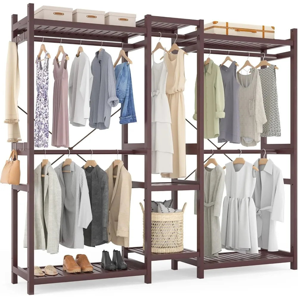 Bamboo Closet System Clothes Rack, Large Freestanding Garment Rack Clothing Rack for Hanging Clothes with 7 Storage Shelves and