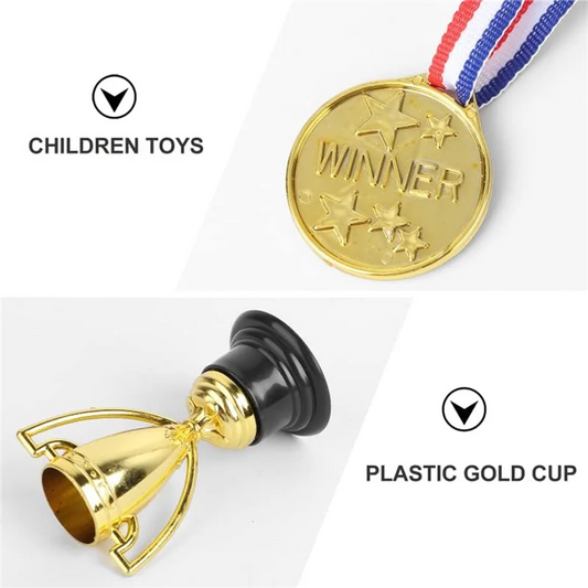 X55A-48 PCS Trophy and Medals Set,24Pcs Gold Plastic Trophy Cup and 24 PCS Medals for Kids Sports Awards,