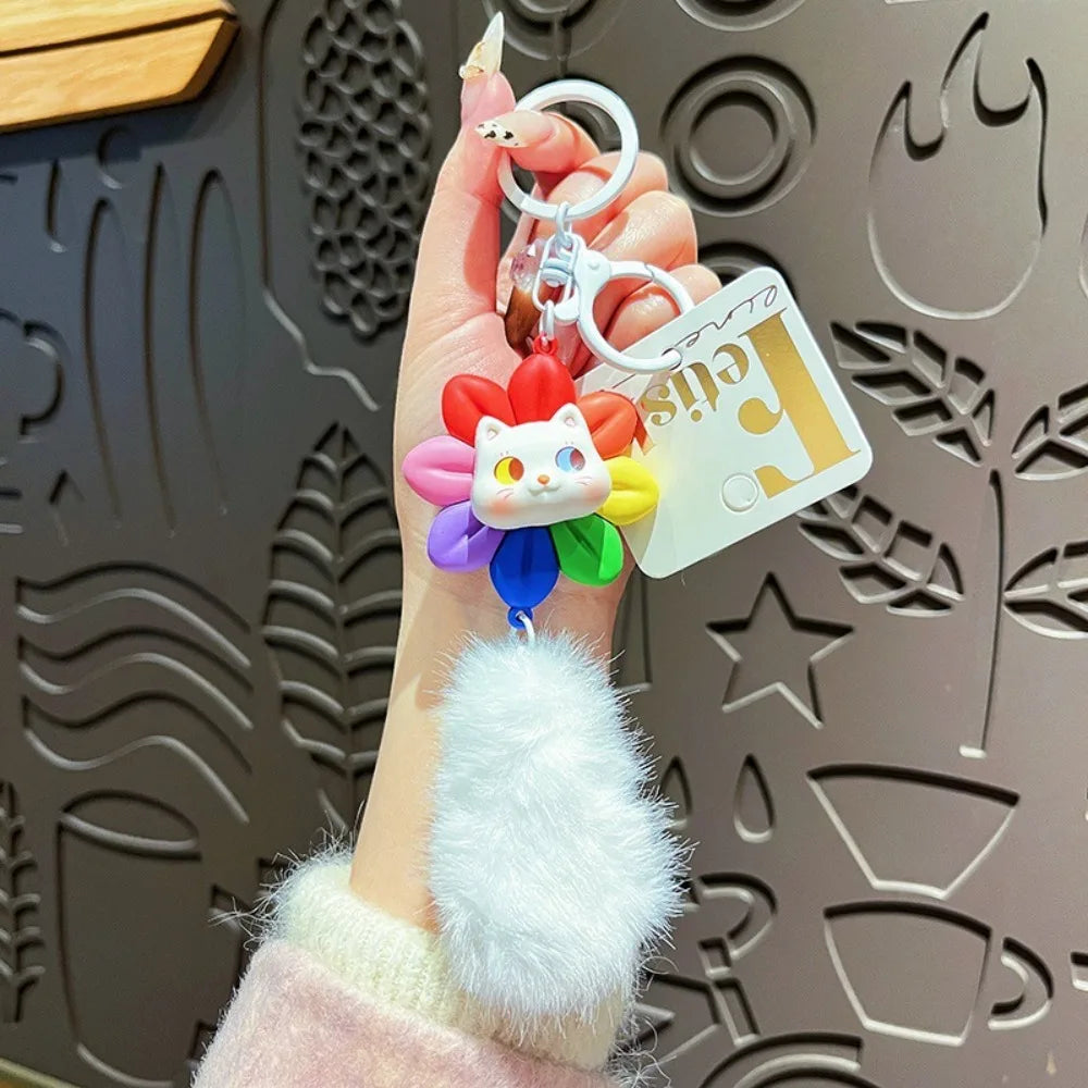 Creative Rotatable Cat Keychain with Fur Balls Good Luck Car Keyring Cartoon PVC Bag Accessories Women