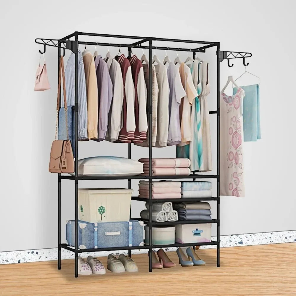 Double Row Clothes Rack Large Floor Hangers with Hanging Hooks Rods Household Simple Storage Shelf Coat and Shoes Clothes Hanger