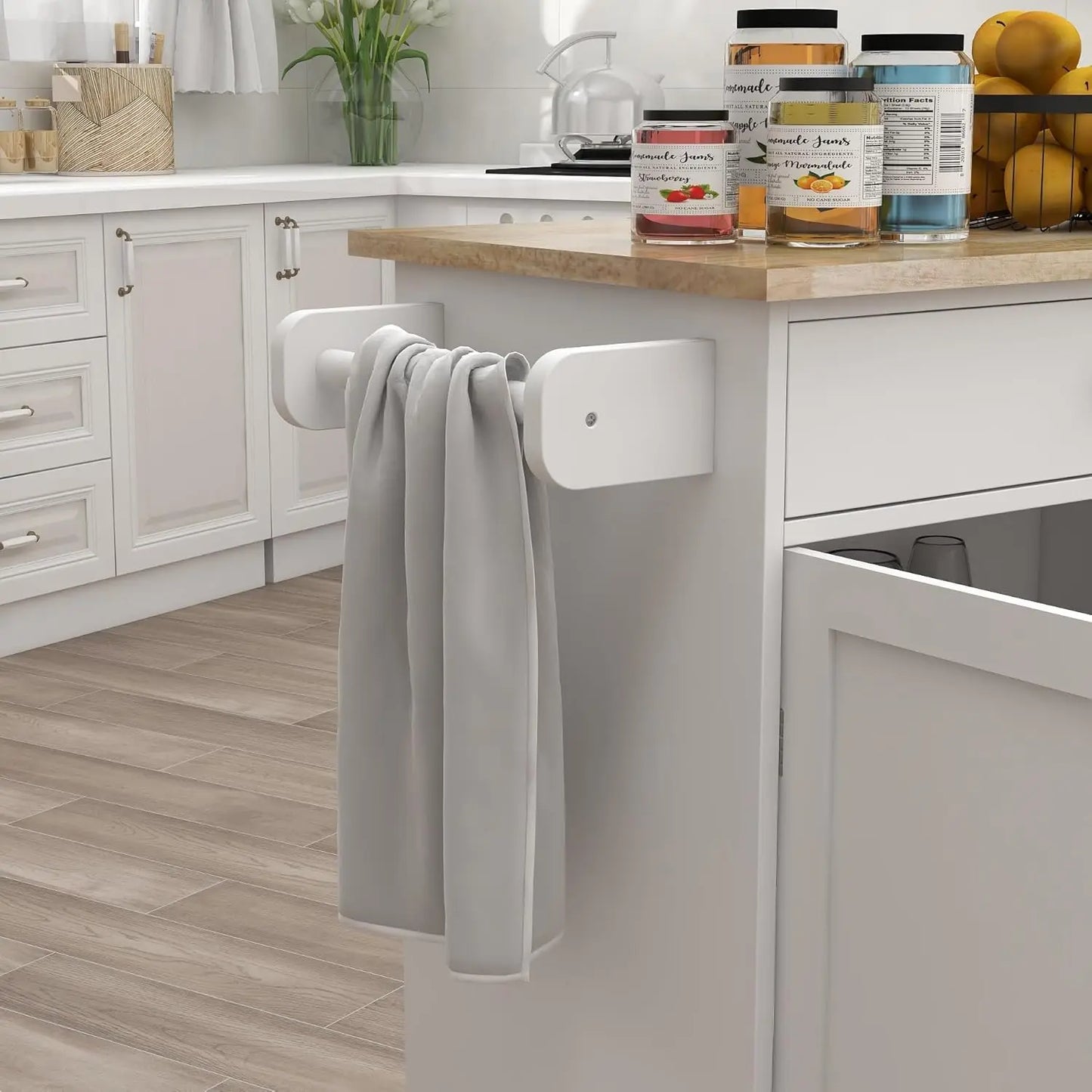 Kitchen Island on Wheels White Rolling Trolley Cart Island Cart Storage Cabinet with Rubber Solid Wood Countertop