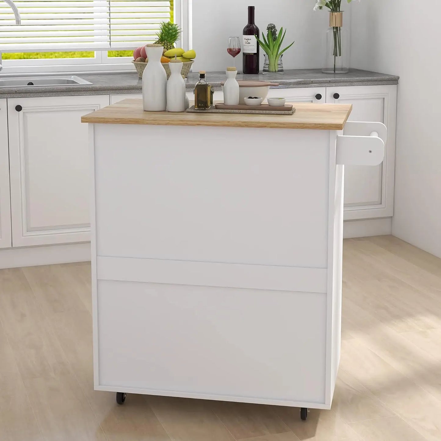 Kitchen Island on Wheels White Rolling Trolley Cart Island Cart Storage Cabinet with Rubber Solid Wood Countertop