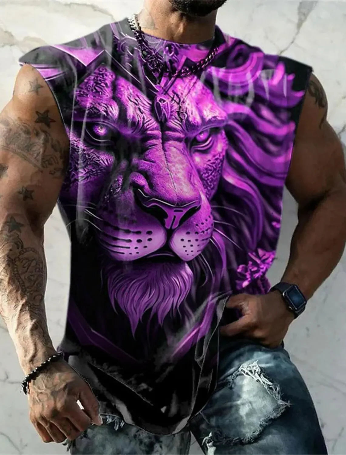 Mens Vest Printed Golden Lion Sleeveless T Shirt Crew Neck Apparel 3D Printed Everyday Sports Fitness Fashion Design S-6Xl