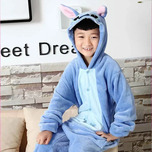 Kawaii Disney Stitch Plush Pajamas Winter Warm Cartoon Cosplay cute Home Jumpsuit Pajamas Set Boy Girls Birthday Christmas Gifts