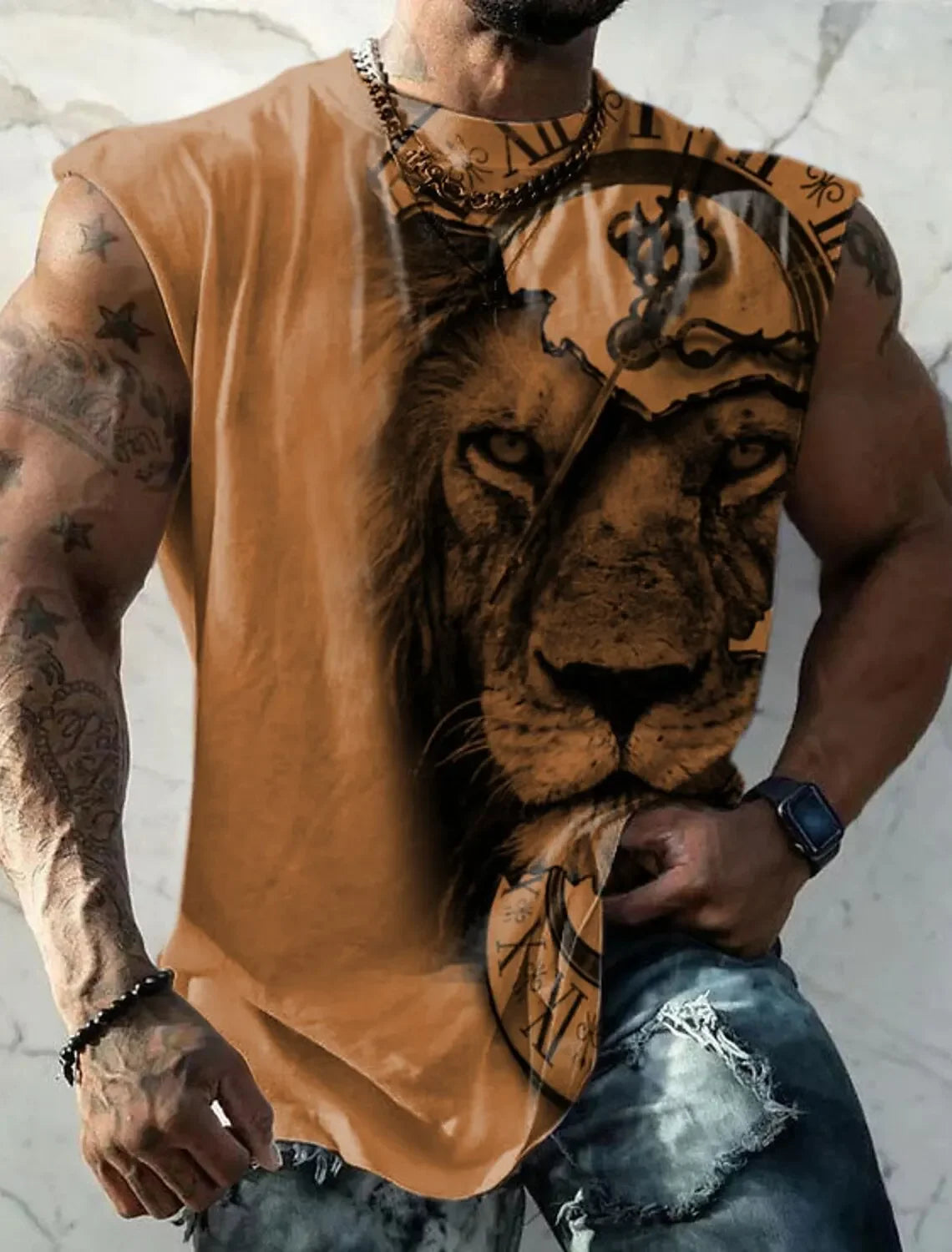 Mens Vest Printed Golden Lion Sleeveless T Shirt Crew Neck Apparel 3D Printed Everyday Sports Fitness Fashion Design S-6Xl