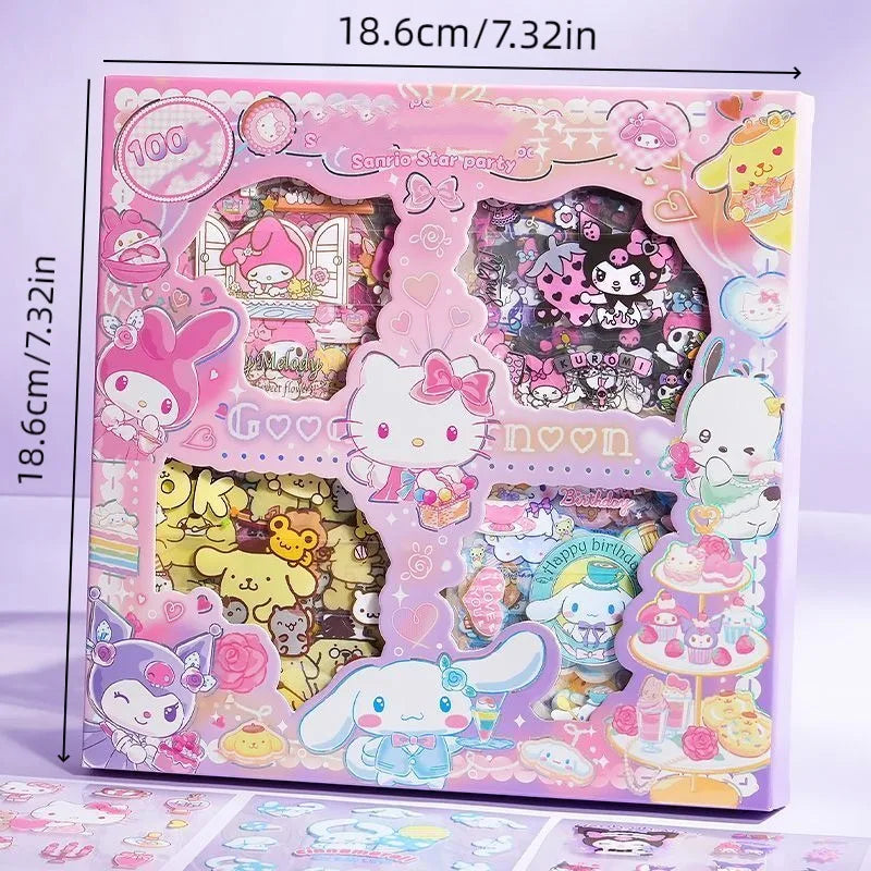 100PCS Sanrio Hello Kitty Sticker Gift Box Cinnamoroll Melody Kuromi Sticker Gift Box Waterproof PET Sticker Toy Kids Gift