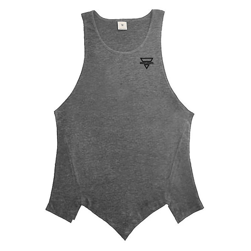 Men’s Gym Clothes Summer Trend Cotton Breathable Vest Irregular Hem Fitness Sleeveless T-shirts Printing O-neck