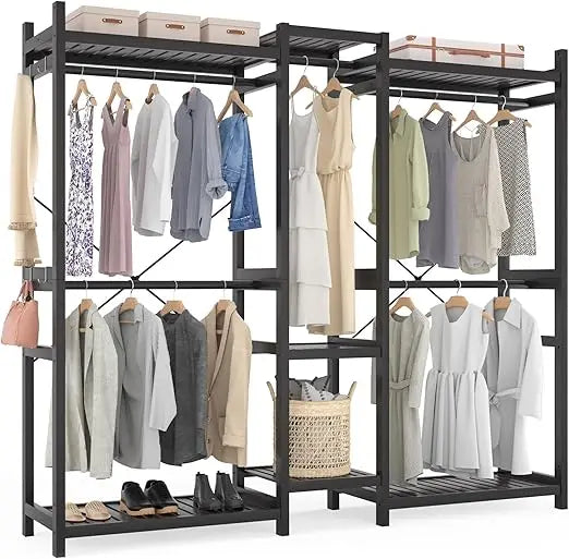 Bamboo Closet System Clothes Rack, Large Freestanding Garment Rack Clothing Rack for Hanging Clothes with 7 Storage Shelves and