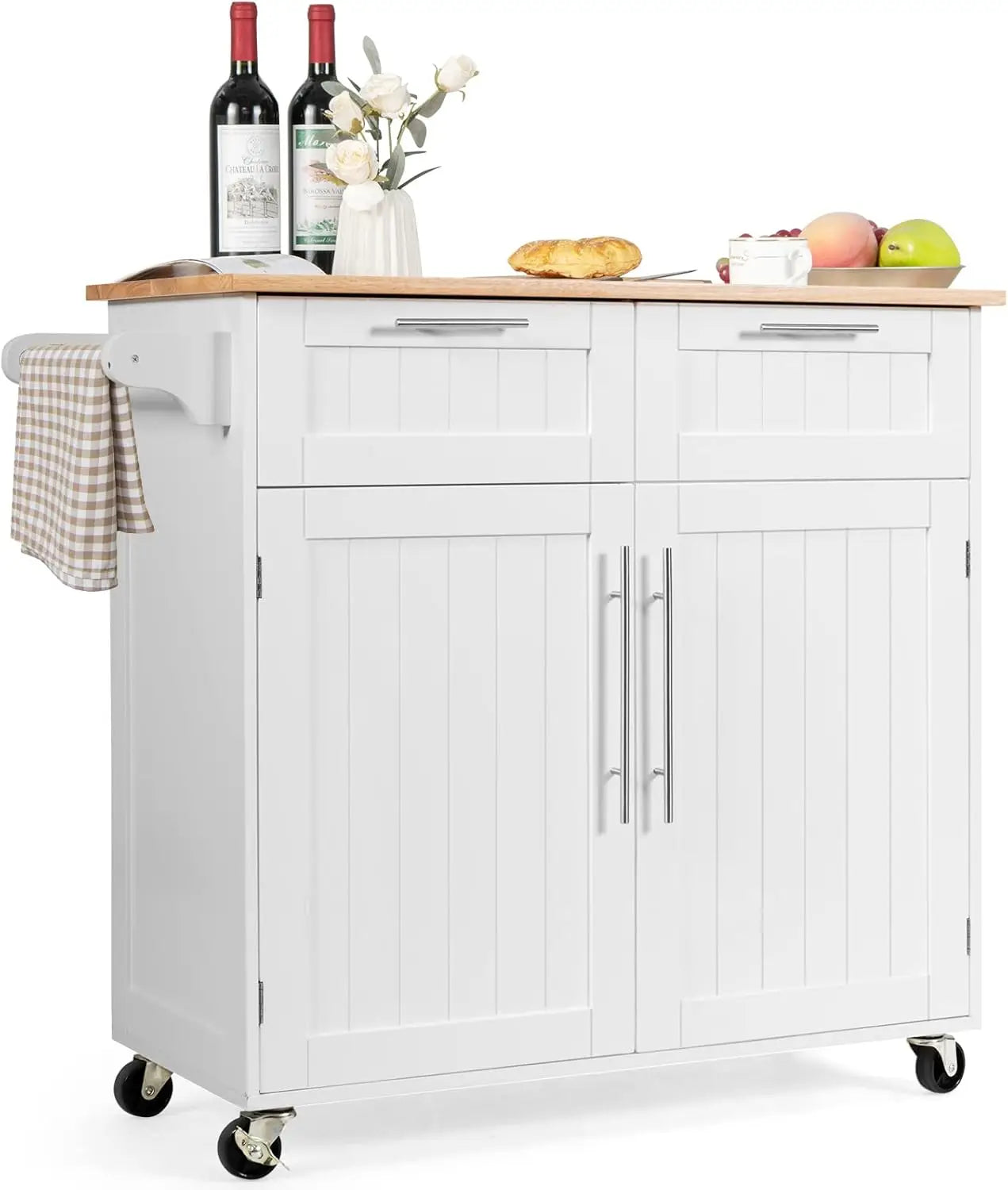 Kitchen Island Cart on Wheels, with Side Towel Bar, 2 Drawers, 2 Door Cabinet, Rolling Storage Trolley Cart with Rubber Wood Top